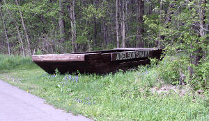A replicated barge that carried the 50 gallon wooden oil barrels downstream to Oil City